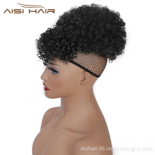 Aisi Hair New Design Kinky Curly Puff Black Color Hair Bun With Bangs Afro Short Curly Synthetic Hair Extension For Black Women